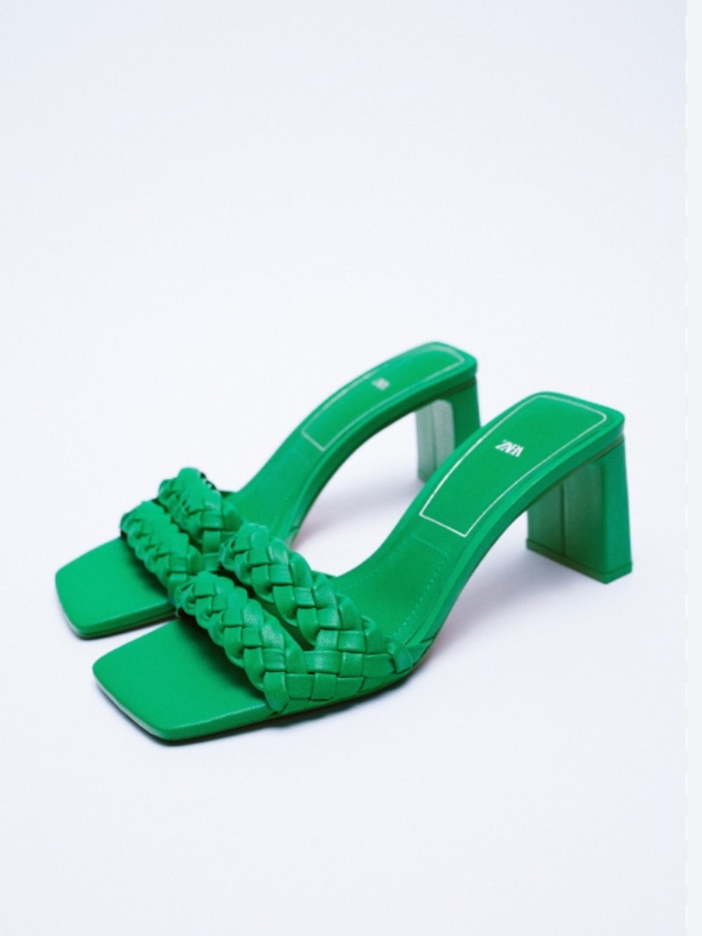 Zara Green Leather Woven Braided Block High Heel Sandal Mules